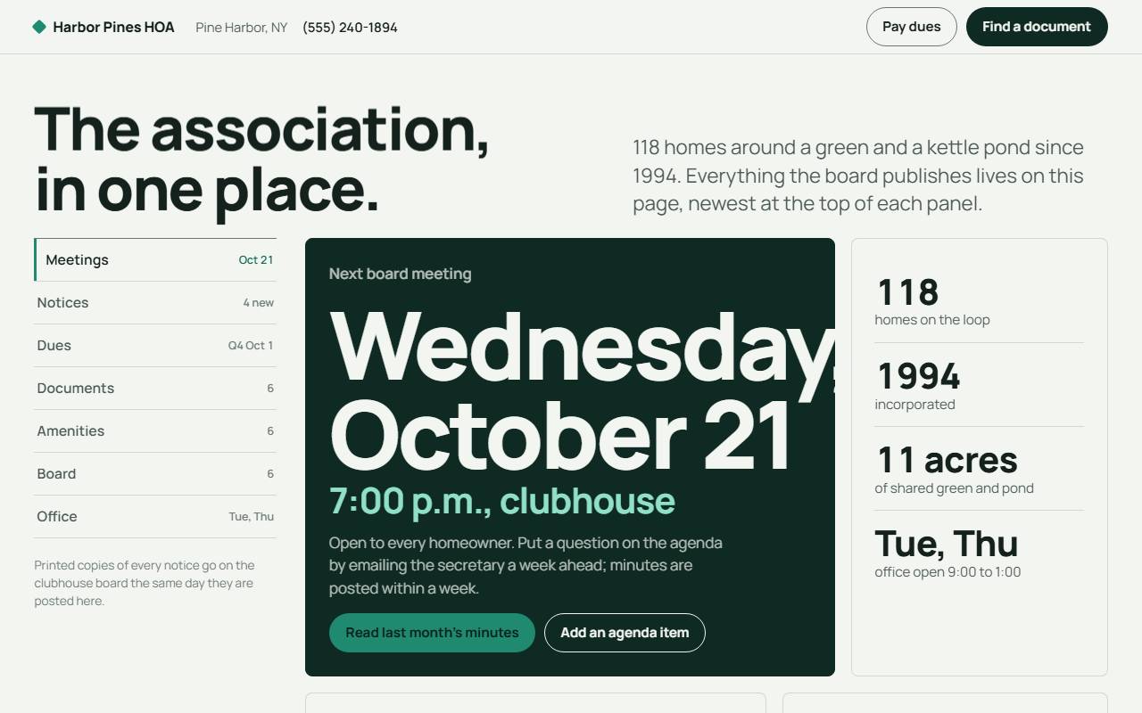 Homepage of Harbor Pines HOA, a demo community HOA website