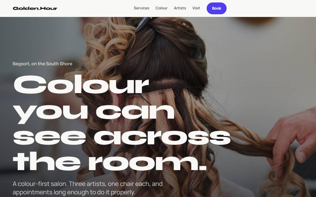 Homepage of Golden Hour Salon, a demo hair salon website